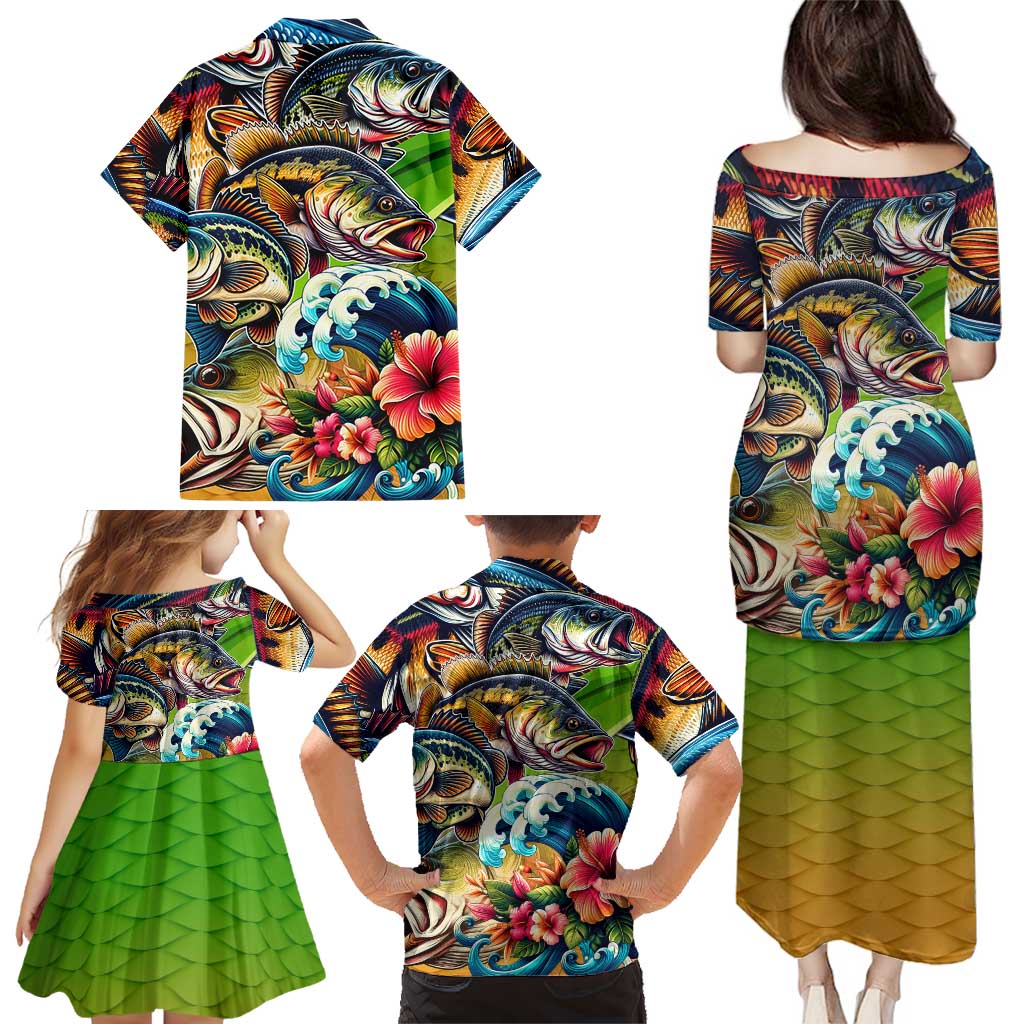 Bass Fishing Family Matching Puletasi and Hawaiian Shirt Tropical Explosion Angler Design - Wonder Print Shop