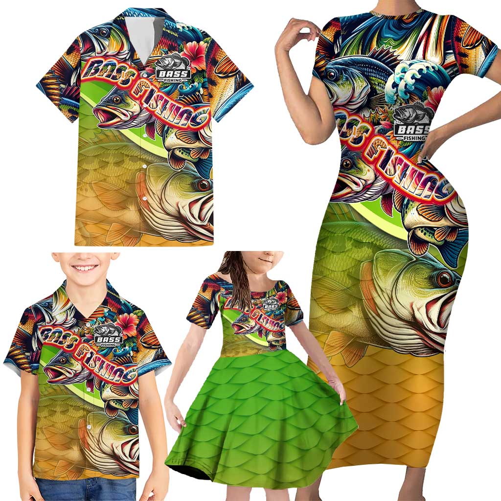 Bass Fishing Family Matching Short Sleeve Bodycon Dress and Hawaiian Shirt Tropical Explosion Angler Design - Wonder Print Shop