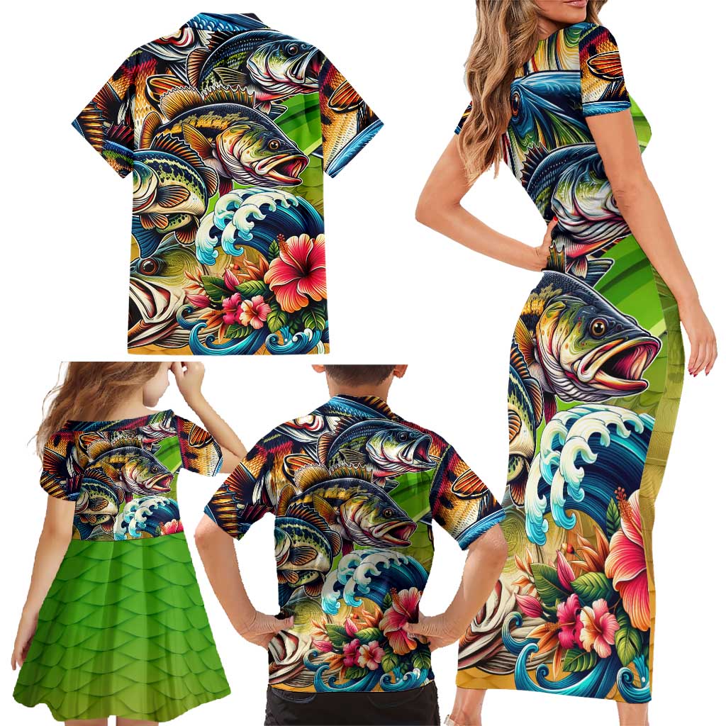 Bass Fishing Family Matching Short Sleeve Bodycon Dress and Hawaiian Shirt Tropical Explosion Angler Design - Wonder Print Shop