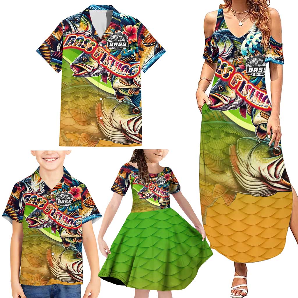 Bass Fishing Family Matching Summer Maxi Dress and Hawaiian Shirt Tropical Explosion Angler Design - Wonder Print Shop