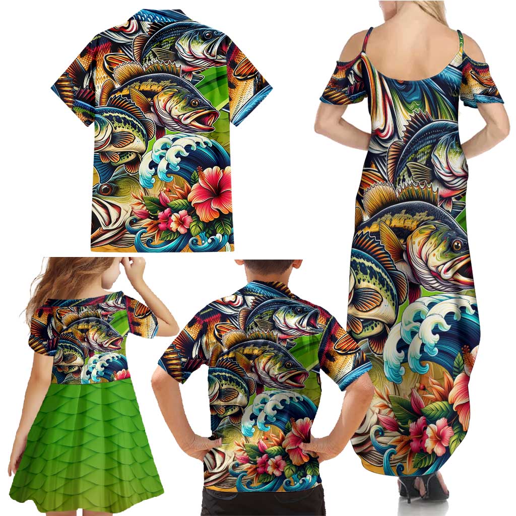 Bass Fishing Family Matching Summer Maxi Dress and Hawaiian Shirt Tropical Explosion Angler Design - Wonder Print Shop
