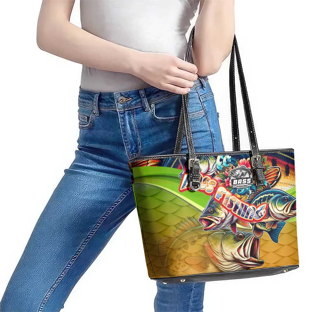 Bass Fishing Leather Tote Bag Tropical Explosion Angler Design - Wonder Print Shop