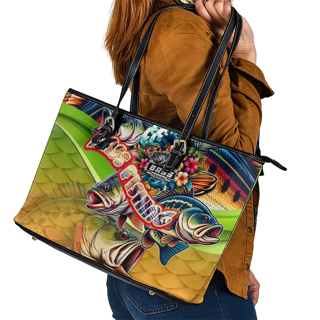 Bass Fishing Leather Tote Bag Tropical Explosion Angler Design - Wonder Print Shop