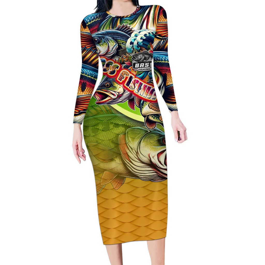 Bass Fishing Long Sleeve Bodycon Dress Tropical Explosion Angler Design - Wonder Print Shop