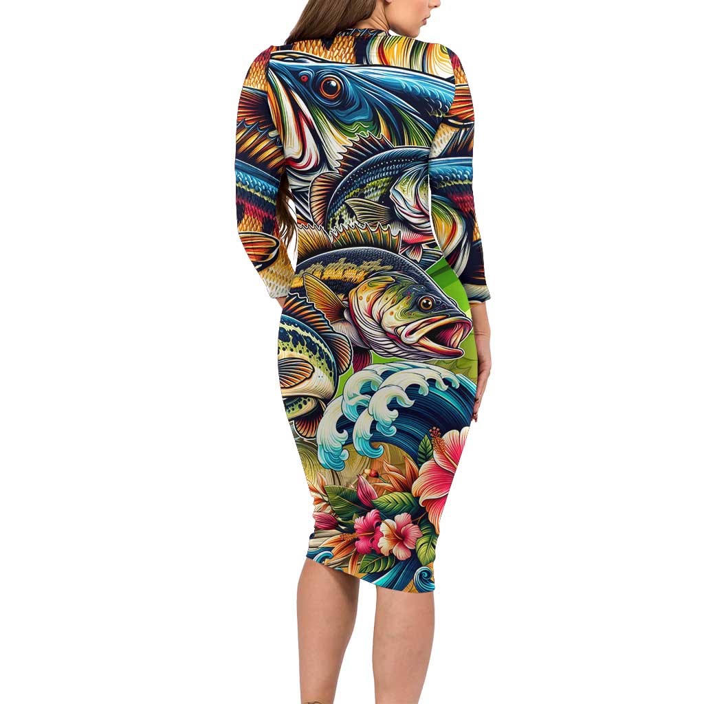 Bass Fishing Long Sleeve Bodycon Dress Tropical Explosion Angler Design - Wonder Print Shop