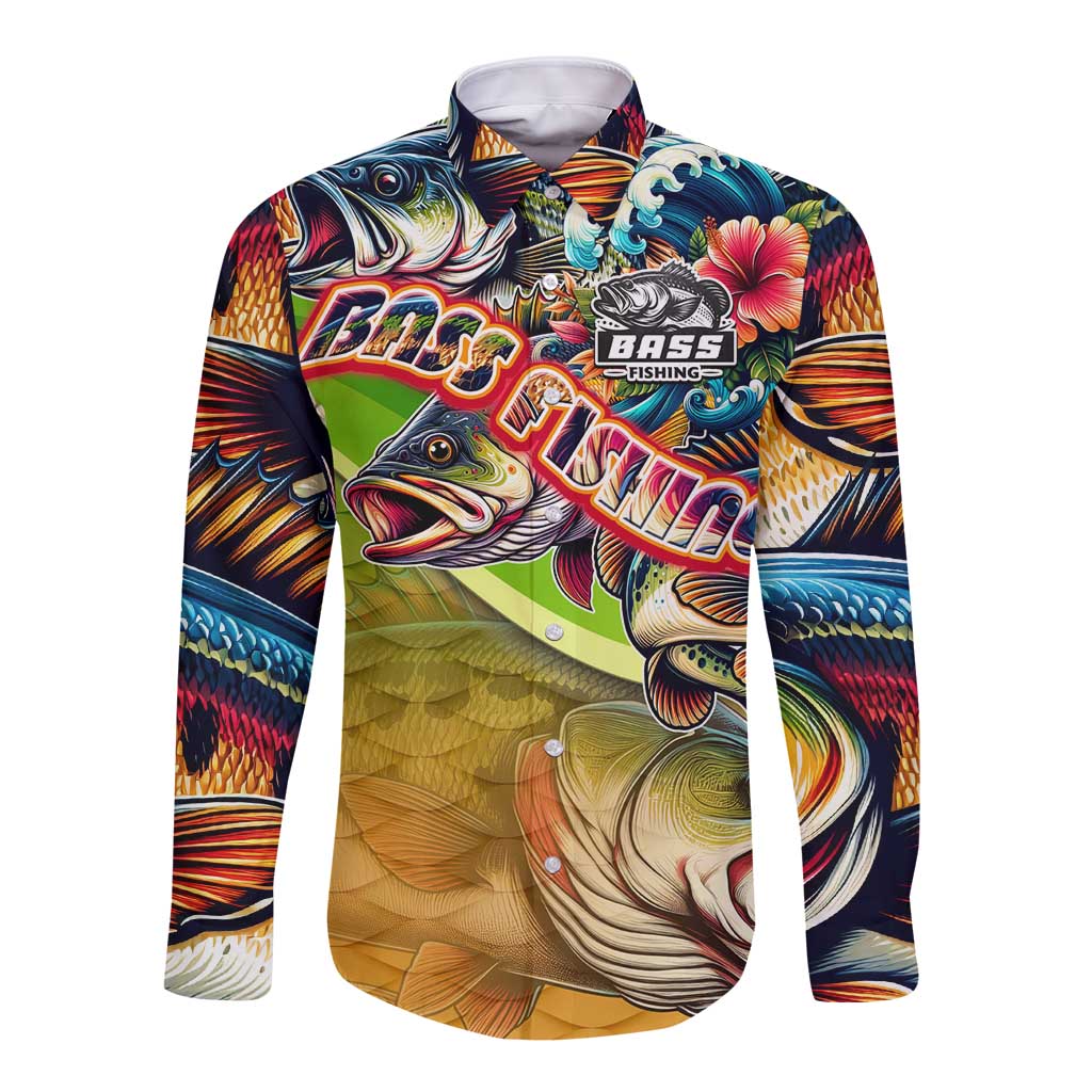 Bass Fishing Long Sleeve Button Shirt Tropical Explosion Angler Design - Wonder Print Shop
