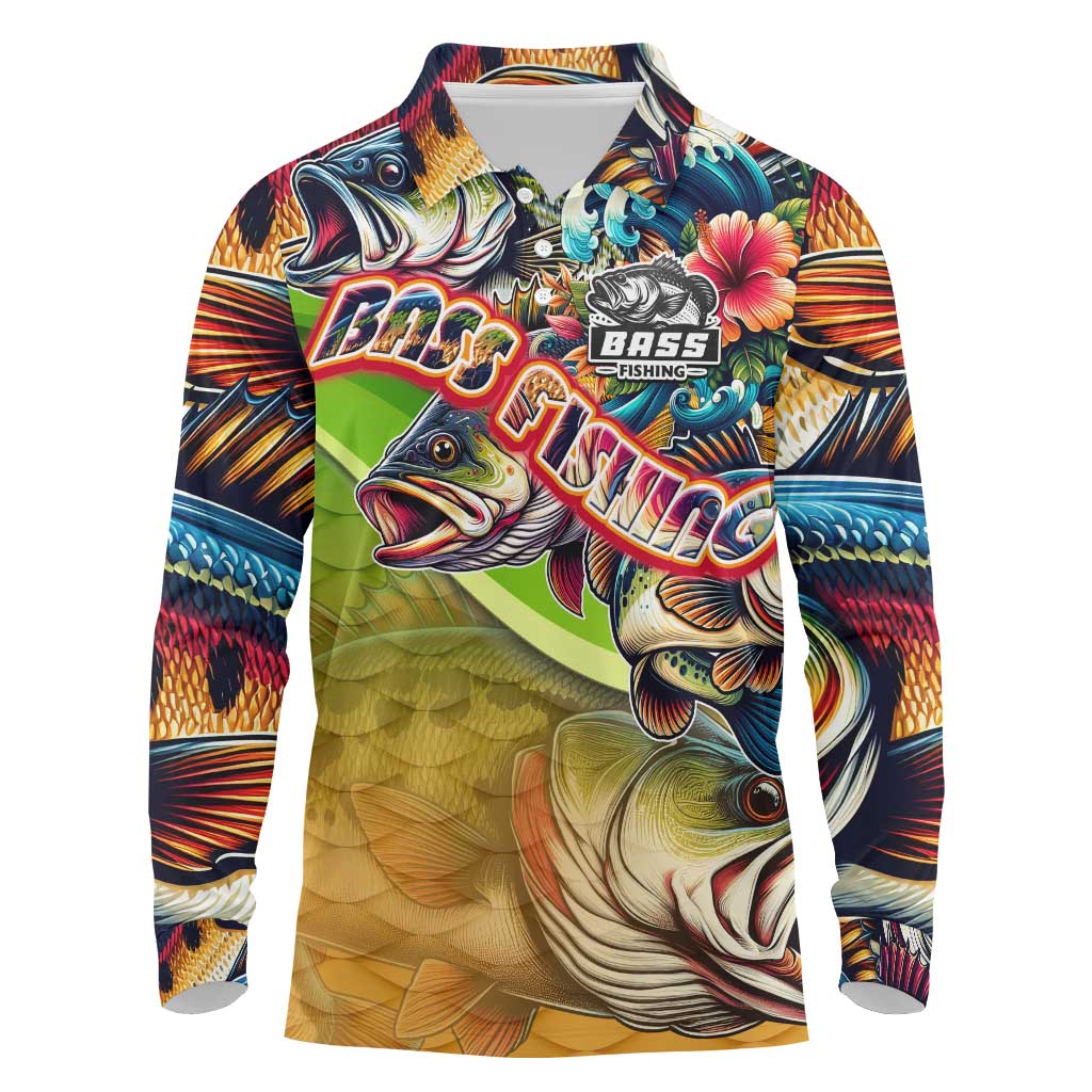 Bass Fishing Long Sleeve Polo Shirt Tropical Explosion Angler Design - Wonder Print Shop