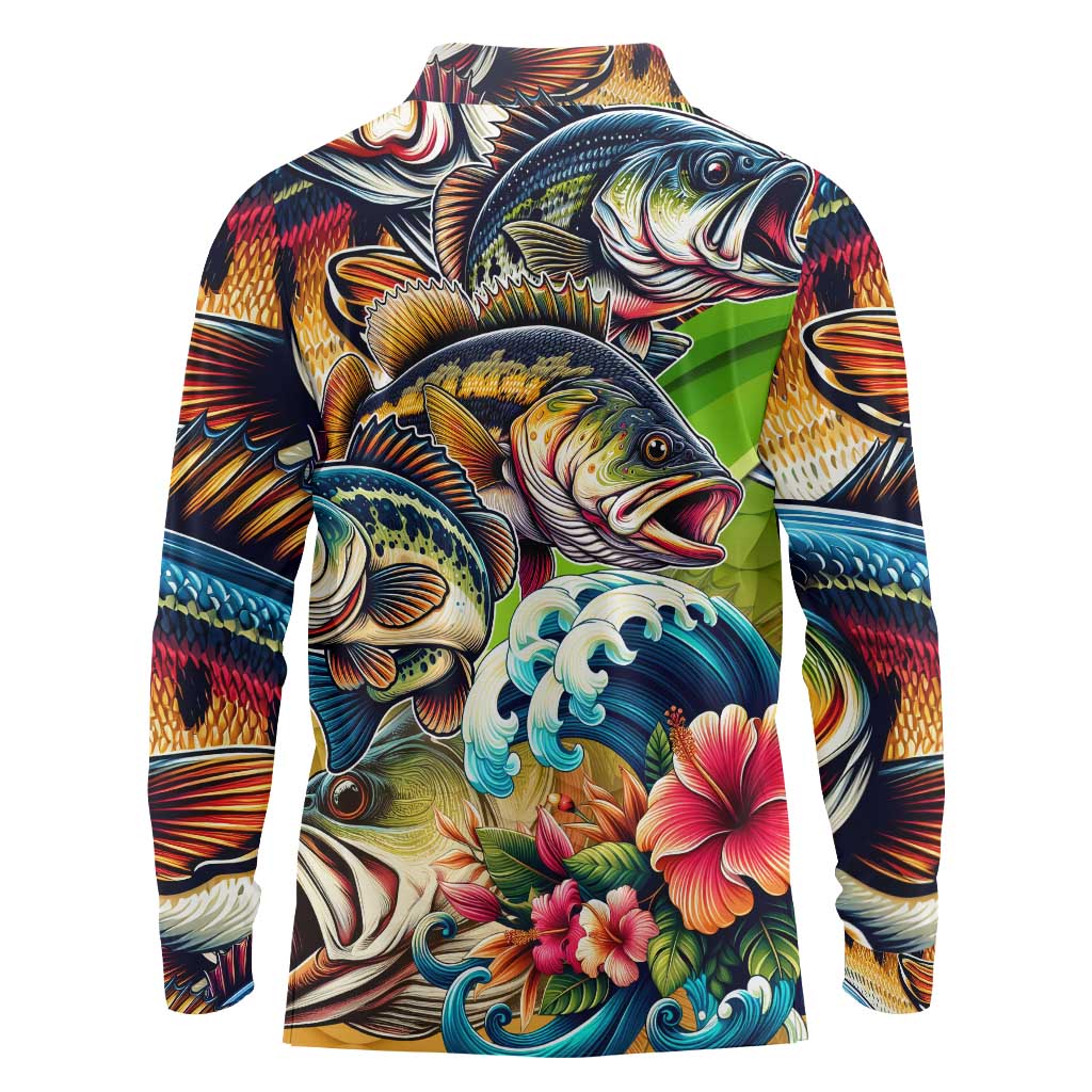 Bass Fishing Long Sleeve Polo Shirt Tropical Explosion Angler Design - Wonder Print Shop