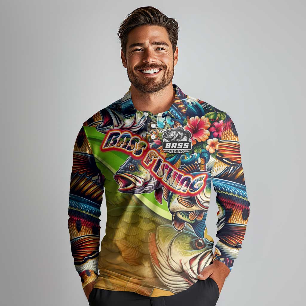 Bass Fishing Long Sleeve Polo Shirt Tropical Explosion Angler Design - Wonder Print Shop