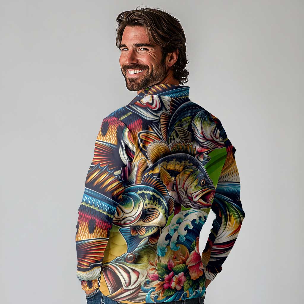 Bass Fishing Long Sleeve Polo Shirt Tropical Explosion Angler Design - Wonder Print Shop
