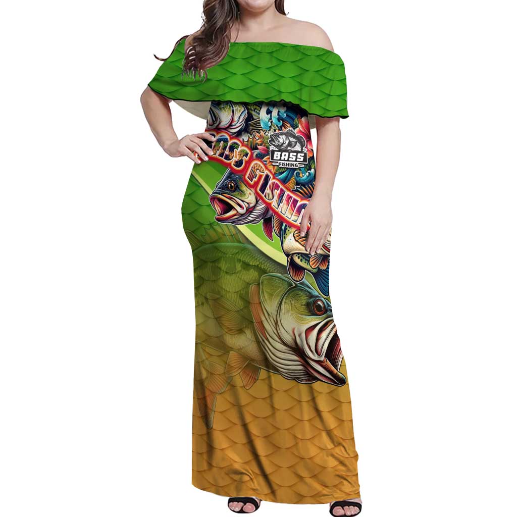 Bass Fishing Off Shoulder Maxi Dress Tropical Explosion Angler Design - Wonder Print Shop