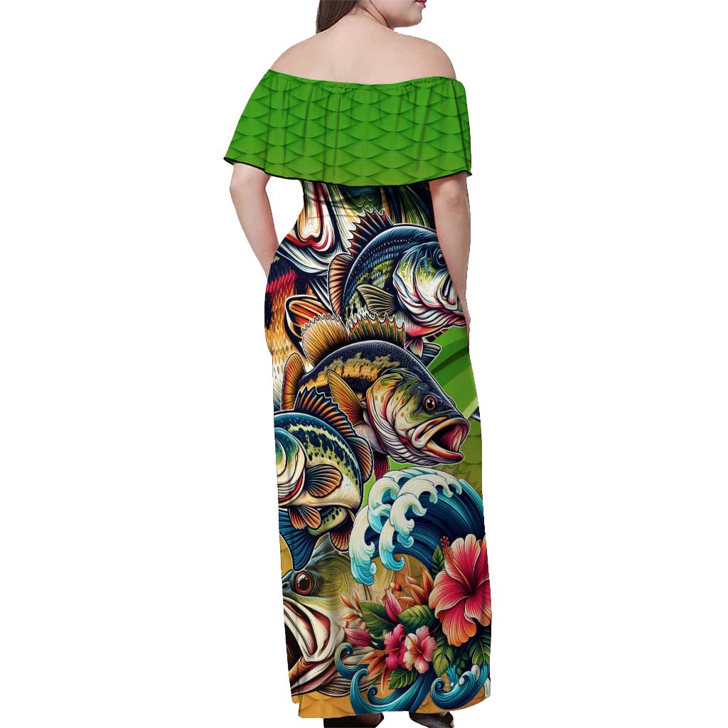 Bass Fishing Off Shoulder Maxi Dress Tropical Explosion Angler Design - Wonder Print Shop