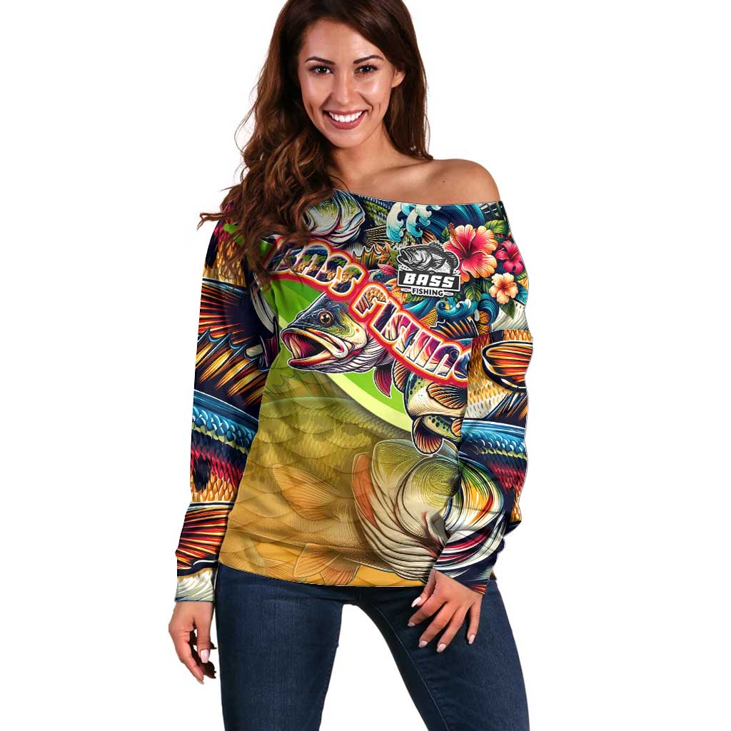 Bass Fishing Off Shoulder Sweater Tropical Explosion Angler Design - Wonder Print Shop