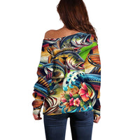 Bass Fishing Off Shoulder Sweater Tropical Explosion Angler Design - Wonder Print Shop