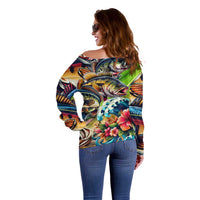 Bass Fishing Off Shoulder Sweater Tropical Explosion Angler Design - Wonder Print Shop