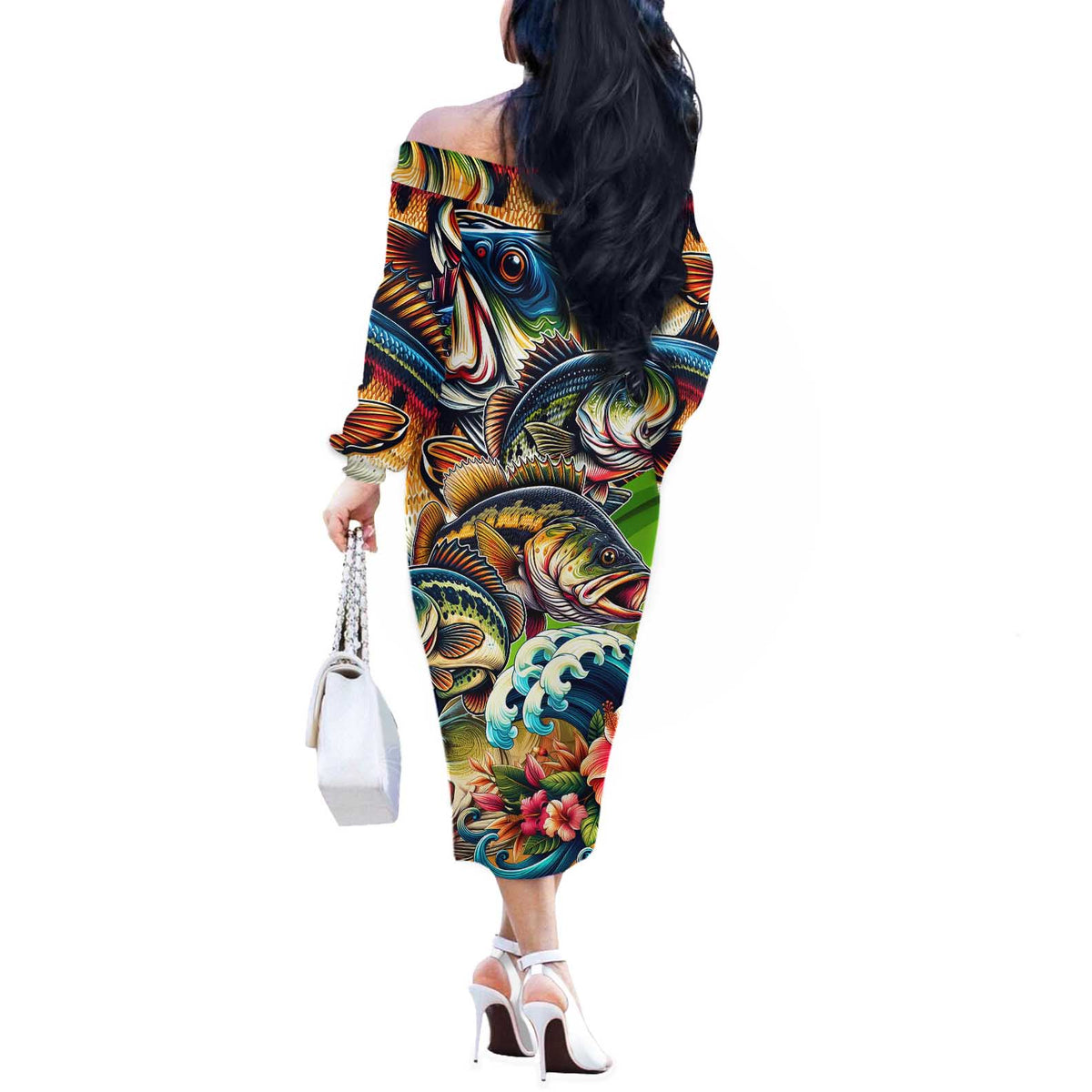 Bass Fishing Off The Shoulder Long Sleeve Dress Tropical Explosion Angler Design - Wonder Print Shop