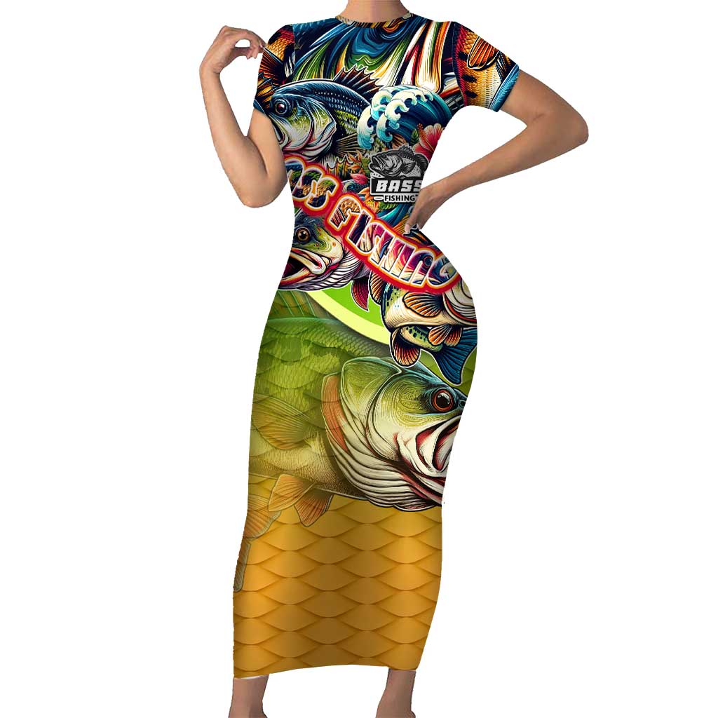 Bass Fishing Short Sleeve Bodycon Dress Tropical Explosion Angler Design - Wonder Print Shop