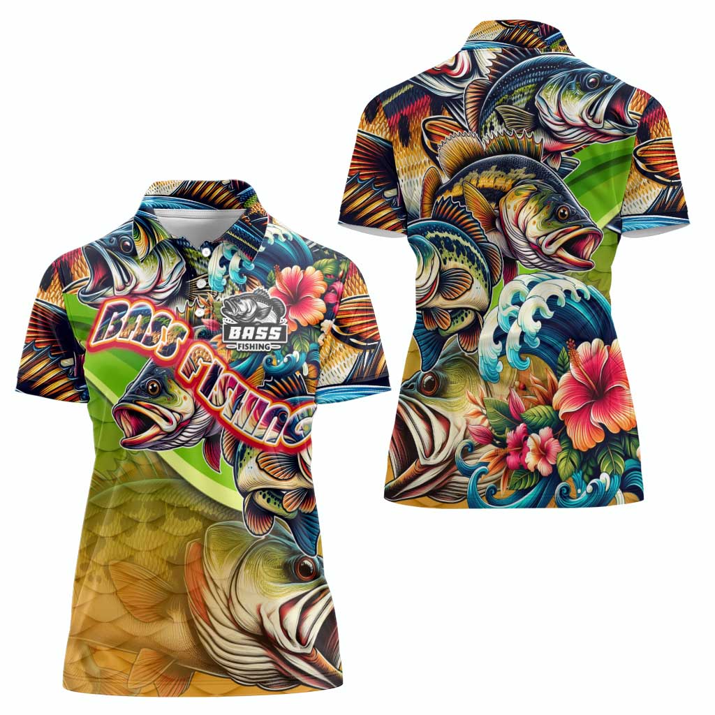 Bass Fishing Women Polo Shirt Tropical Explosion Angler Design - Wonder Print Shop