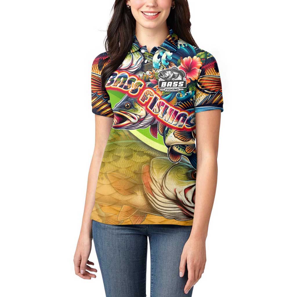 Bass Fishing Women Polo Shirt Tropical Explosion Angler Design - Wonder Print Shop