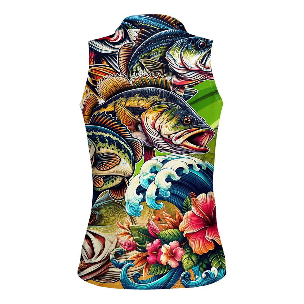 Bass Fishing Women Sleeveless Polo Shirt Tropical Explosion Angler Design - Wonder Print Shop