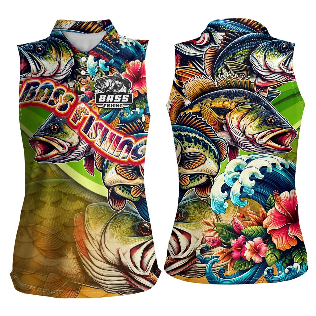 Bass Fishing Women Sleeveless Polo Shirt Tropical Explosion Angler Design - Wonder Print Shop