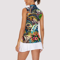 Bass Fishing Women Sleeveless Polo Shirt Tropical Explosion Angler Design - Wonder Print Shop