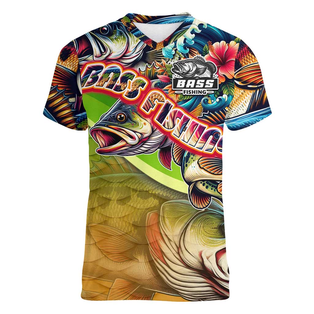 Bass Fishing Women V-Neck T-Shirt Tropical Explosion Angler Design - Wonder Print Shop