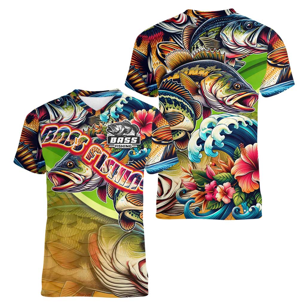 Bass Fishing Women V-Neck T-Shirt Tropical Explosion Angler Design - Wonder Print Shop