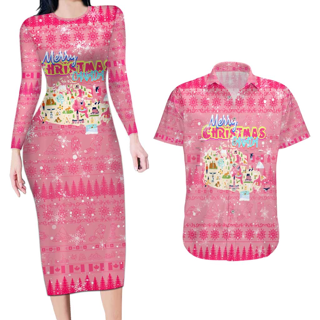 Merry Christmas Canada Couples Matching Long Sleeve Bodycon Dress and Hawaiian Shirt Xmas Travel Map - Wonder Print Shop