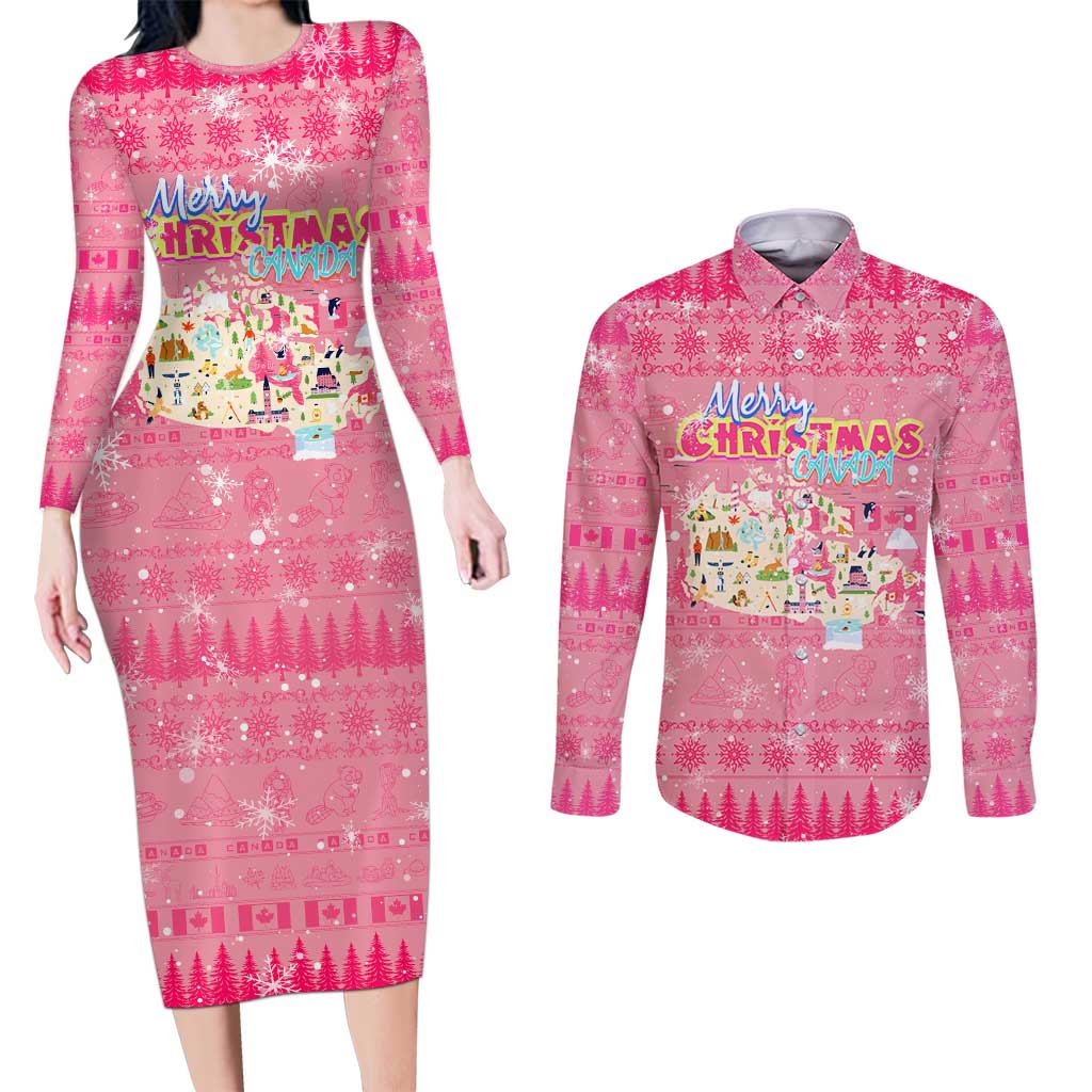 Merry Christmas Canada Couples Matching Long Sleeve Bodycon Dress and Long Sleeve Button Shirt Xmas Travel Map - Wonder Print Shop