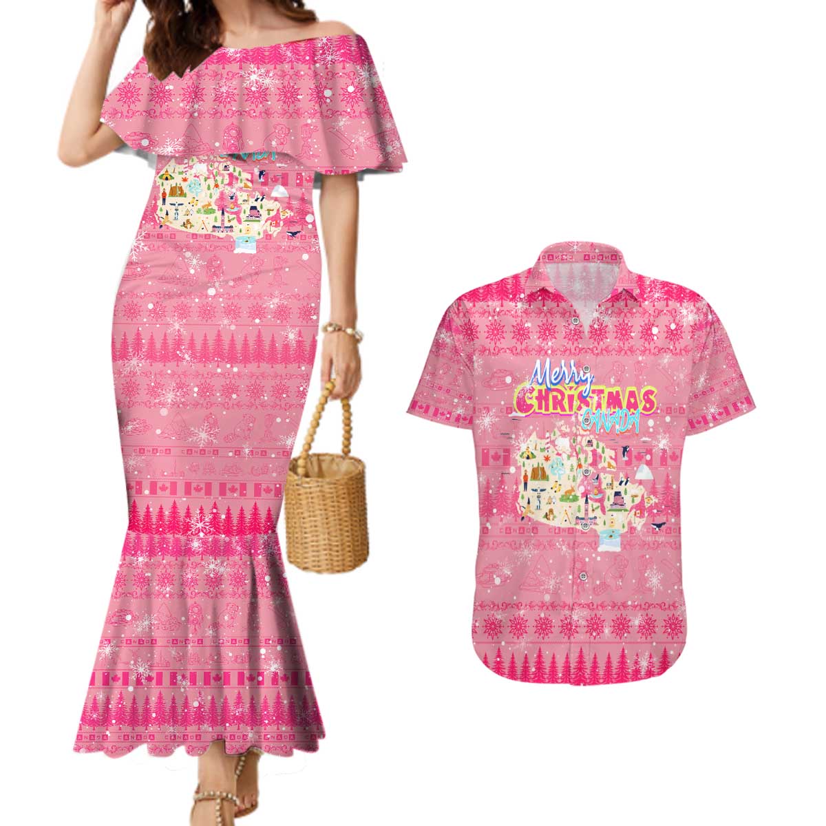 Merry Christmas Canada Couples Matching Mermaid Dress and Hawaiian Shirt Xmas Travel Map - Wonder Print Shop