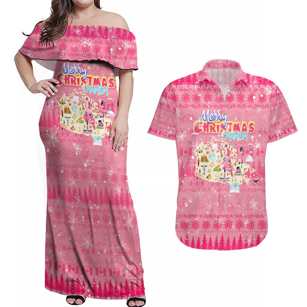 Merry Christmas Canada Couples Matching Off Shoulder Maxi Dress and Hawaiian Shirt Xmas Travel Map - Wonder Print Shop