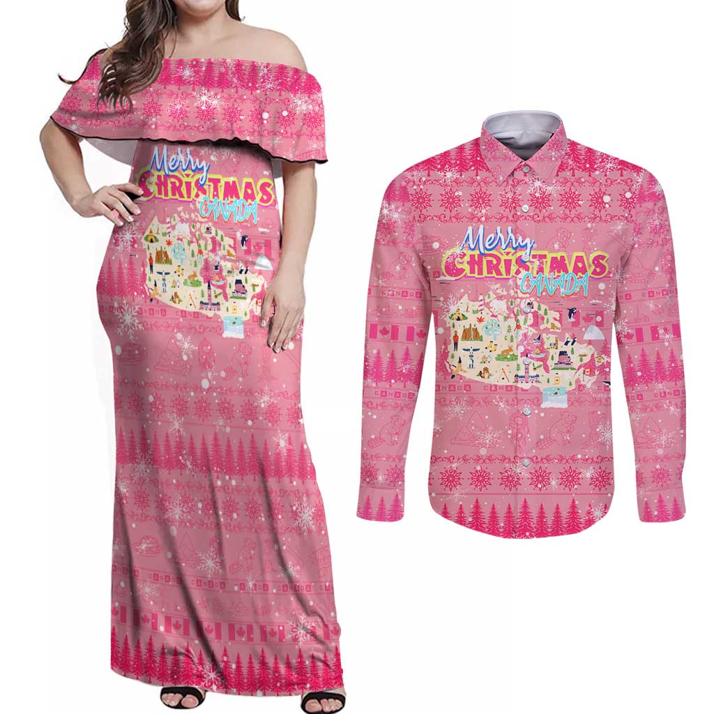 Merry Christmas Canada Couples Matching Off Shoulder Maxi Dress and Long Sleeve Button Shirt Xmas Travel Map - Wonder Print Shop