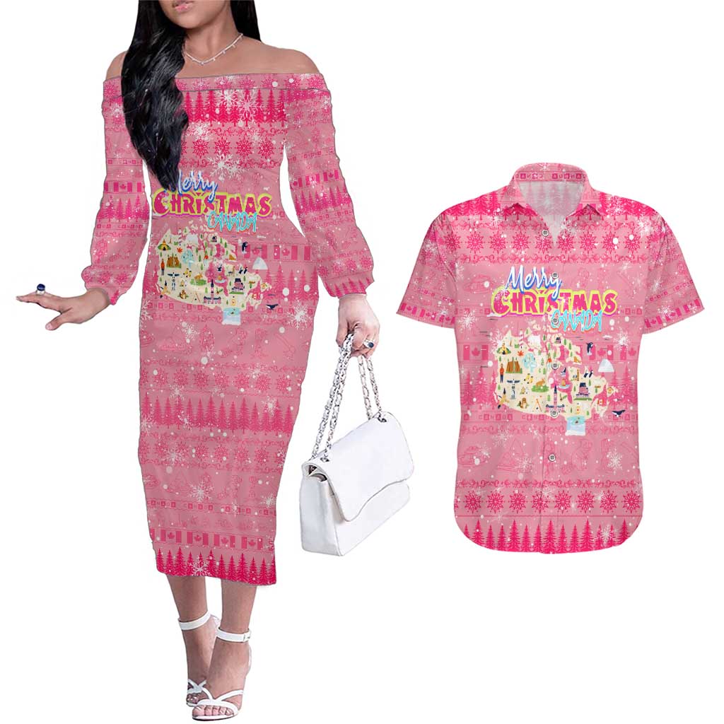 Merry Christmas Canada Couples Matching Off The Shoulder Long Sleeve Dress and Hawaiian Shirt Xmas Travel Map - Wonder Print Shop