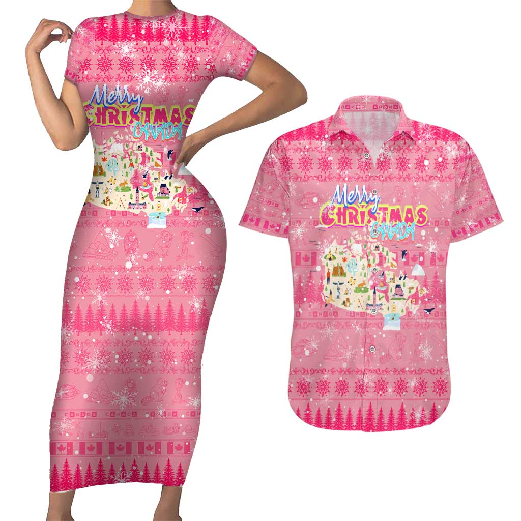 Merry Christmas Canada Couples Matching Short Sleeve Bodycon Dress and Hawaiian Shirt Xmas Travel Map - Wonder Print Shop