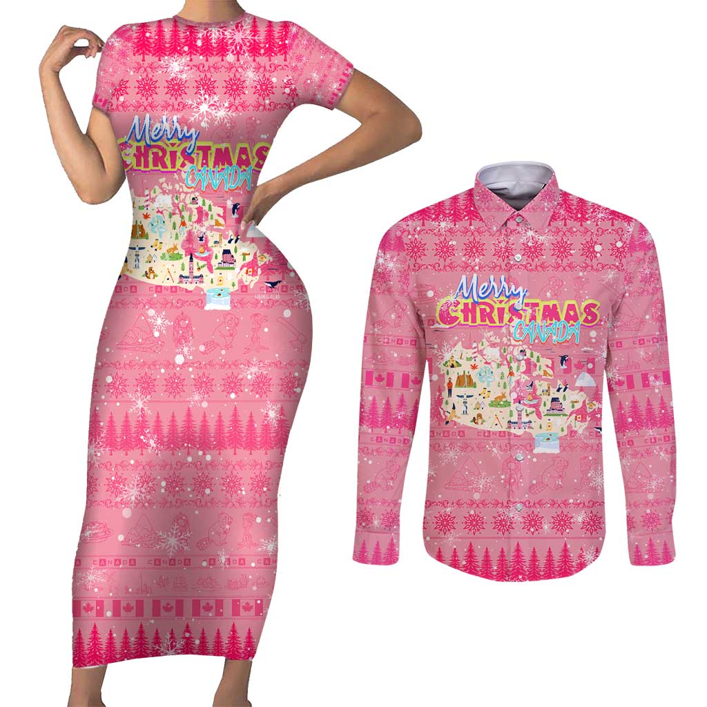 Merry Christmas Canada Couples Matching Short Sleeve Bodycon Dress and Long Sleeve Button Shirt Xmas Travel Map - Wonder Print Shop