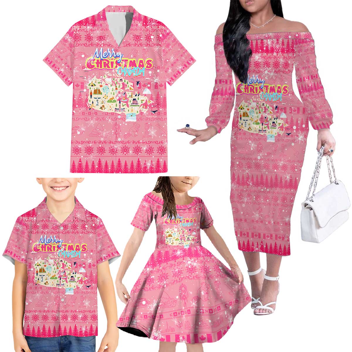 Merry Christmas Canada Family Matching Off The Shoulder Long Sleeve Dress and Hawaiian Shirt Xmas Travel Map - Wonder Print Shop
