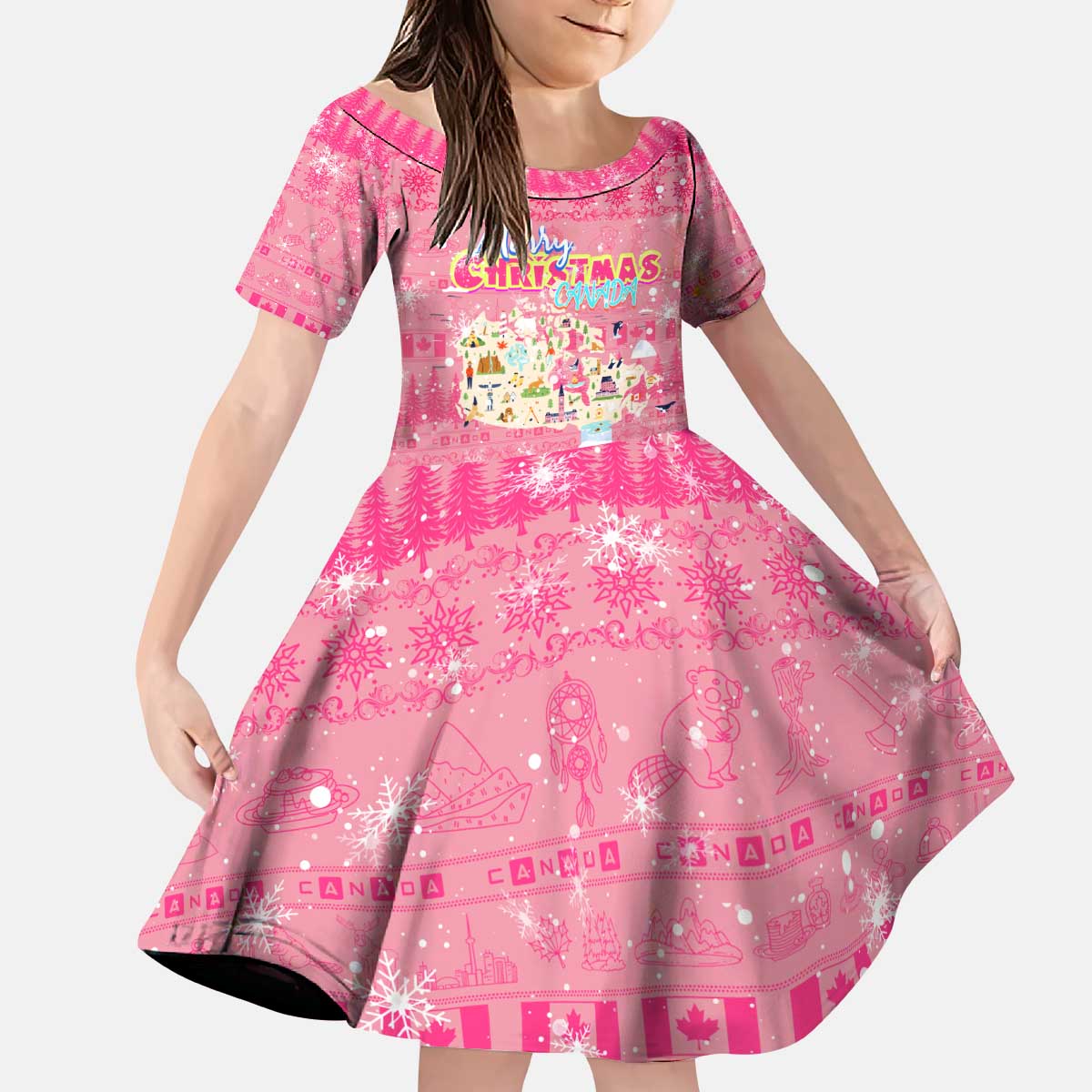 Merry Christmas Canada Kid Short Sleeve Dress Xmas Travel Map - Wonder Print Shop