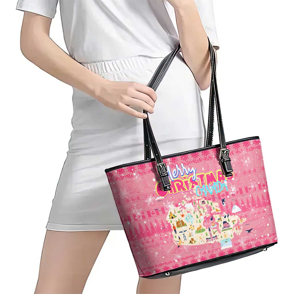 Merry Christmas Canada Leather Tote Bag Xmas Travel Map - Wonder Print Shop