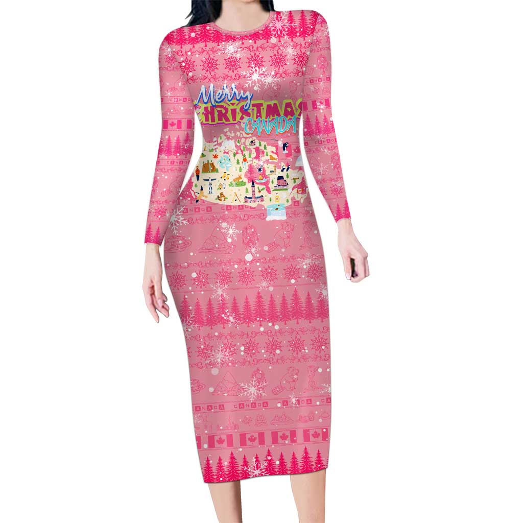 Merry Christmas Canada Long Sleeve Bodycon Dress Xmas Travel Map - Wonder Print Shop