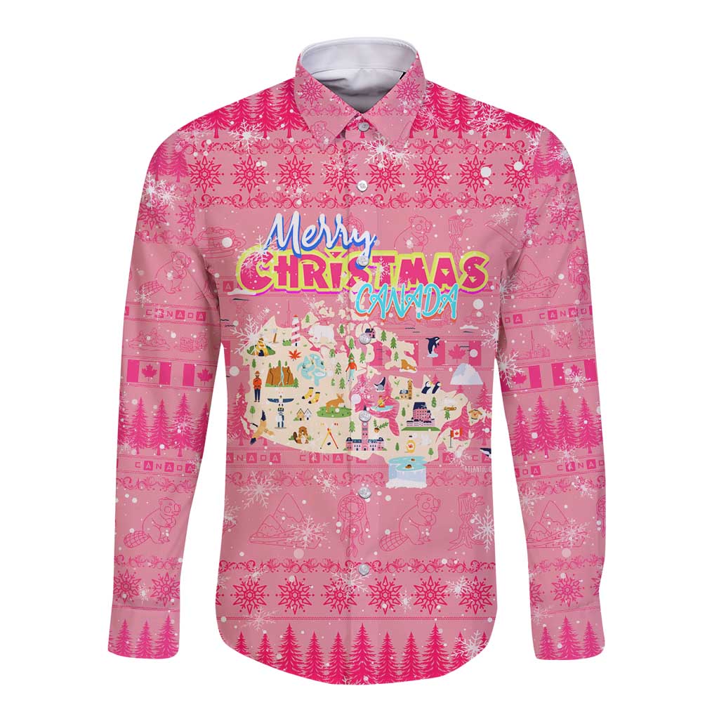 Merry Christmas Canada Long Sleeve Button Shirt Xmas Travel Map - Wonder Print Shop