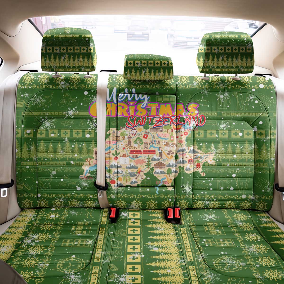 Merry Christmas Switzerland Back Car Seat Cover Xmas Travel Map - Wonder Print Shop