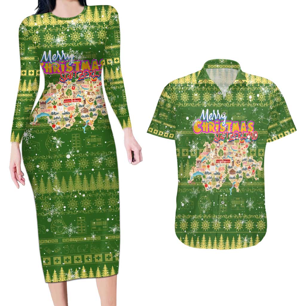 Merry Christmas Switzerland Couples Matching Long Sleeve Bodycon Dress and Hawaiian Shirt Xmas Travel Map - Wonder Print Shop