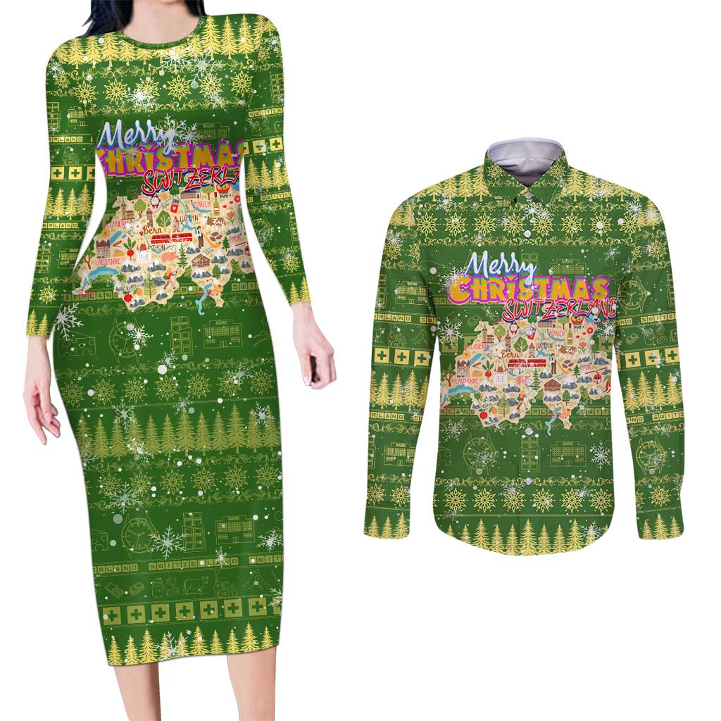 Merry Christmas Switzerland Couples Matching Long Sleeve Bodycon Dress and Long Sleeve Button Shirt Xmas Travel Map - Wonder Print Shop