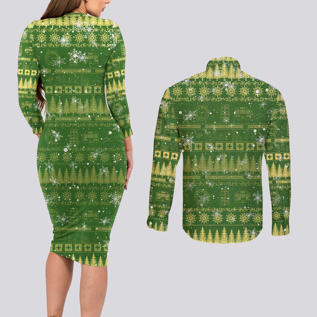 Merry Christmas Switzerland Couples Matching Long Sleeve Bodycon Dress and Long Sleeve Button Shirt Xmas Travel Map - Wonder Print Shop