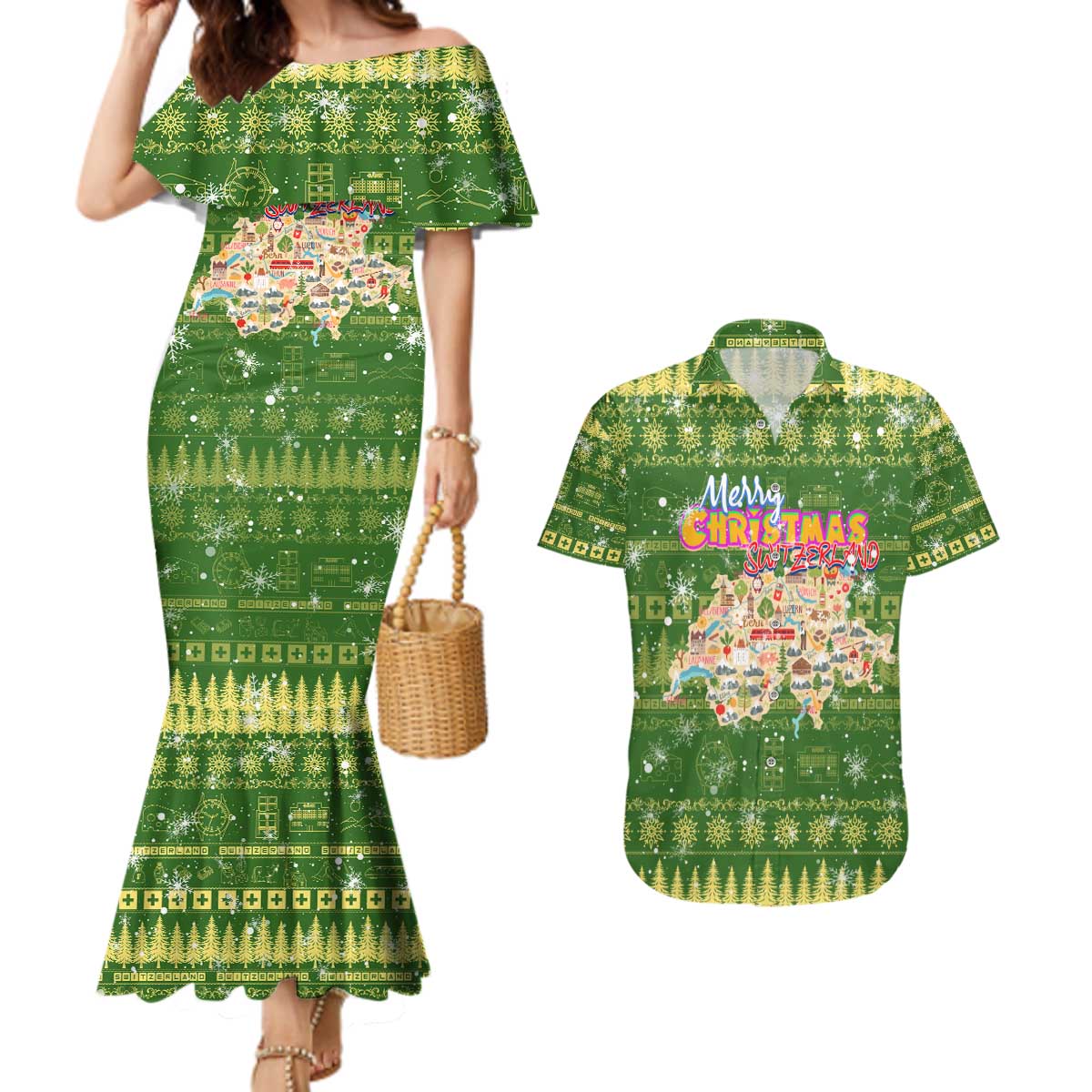 Merry Christmas Switzerland Couples Matching Mermaid Dress and Hawaiian Shirt Xmas Travel Map - Wonder Print Shop