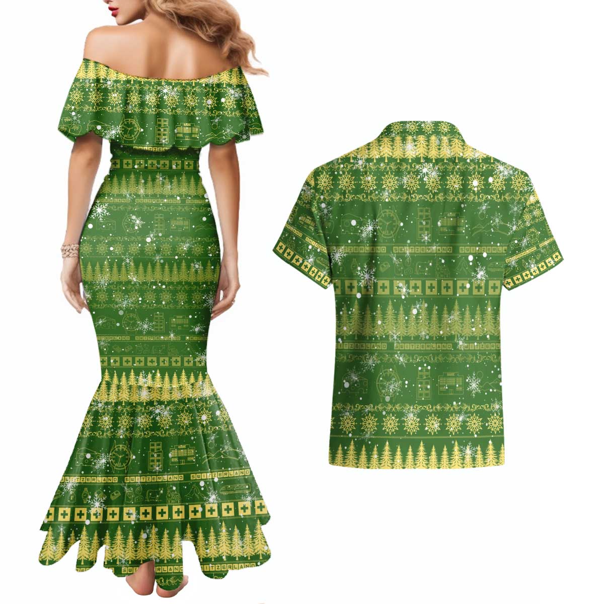 Merry Christmas Switzerland Couples Matching Mermaid Dress and Hawaiian Shirt Xmas Travel Map - Wonder Print Shop