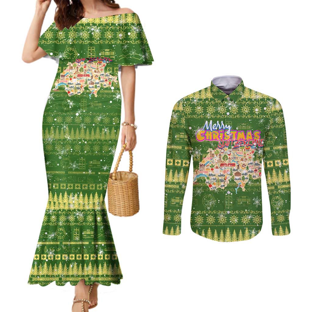 Merry Christmas Switzerland Couples Matching Mermaid Dress and Long Sleeve Button Shirt Xmas Travel Map - Wonder Print Shop