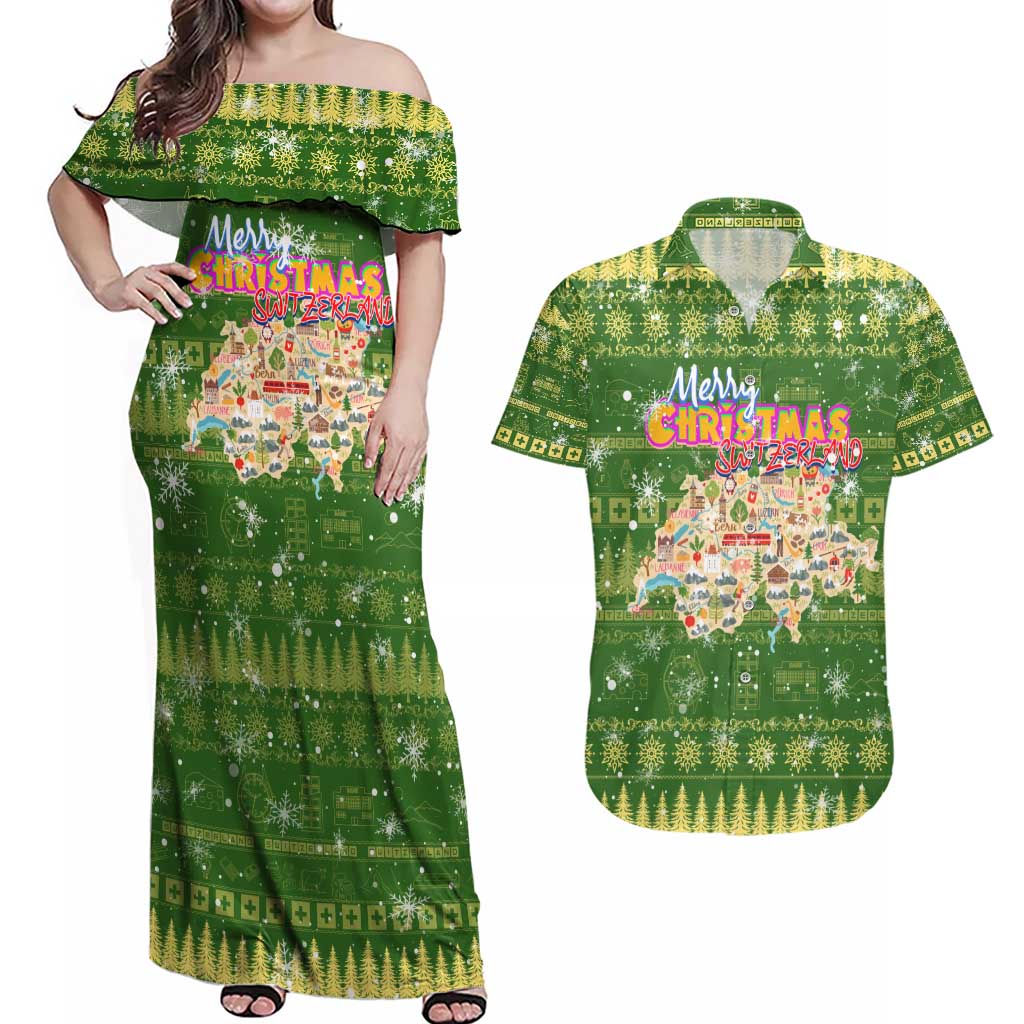 Merry Christmas Switzerland Couples Matching Off Shoulder Maxi Dress and Hawaiian Shirt Xmas Travel Map - Wonder Print Shop