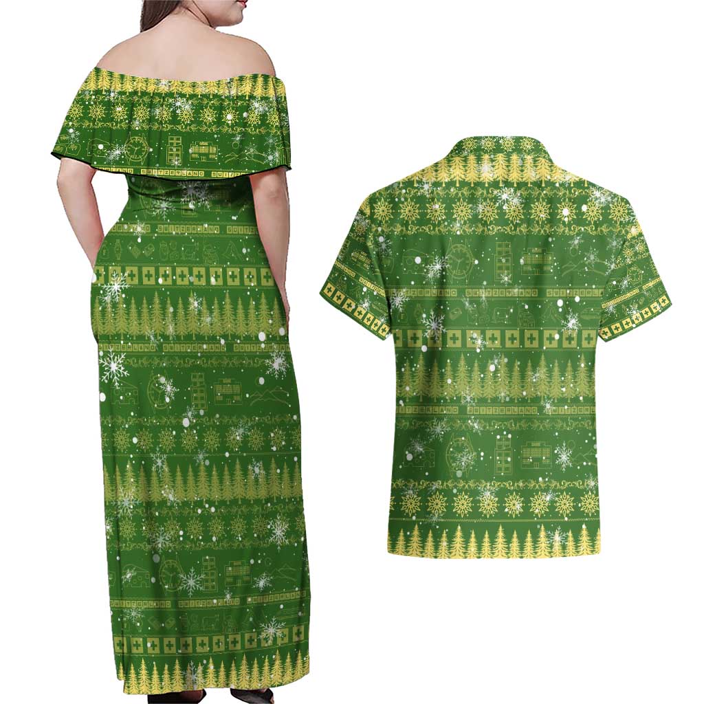 Merry Christmas Switzerland Couples Matching Off Shoulder Maxi Dress and Hawaiian Shirt Xmas Travel Map - Wonder Print Shop